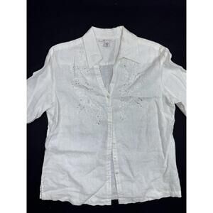 JM Collection 100% Linen Top Shirt Blouse L White 3/4 Sleeve Embellished Collar